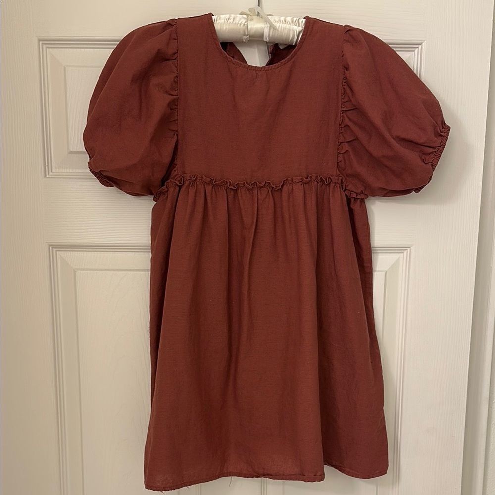 Kids Puff Sleeve Dress in Rust